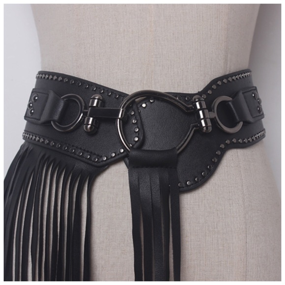 Black Vegan Leather Fringe Belt - Picture 2 of 6